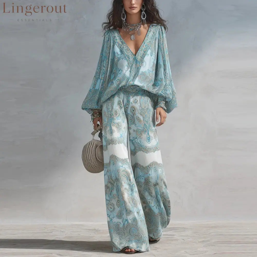Paisley Print Blouse & Wide-Leg Pants Set - Blue / S