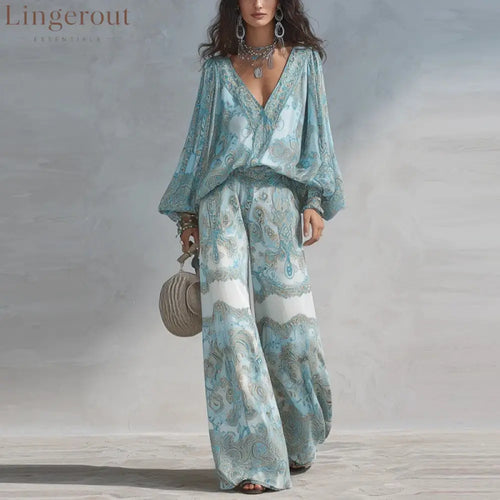 Paisley Print Blouse & Wide-Leg Pants Set - Blue / S
