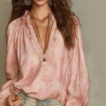 2026 French Style Soft Floral Lace Patchwork Shirt Elastic Puff Sleeves Loose And Lightweight Commuter Top