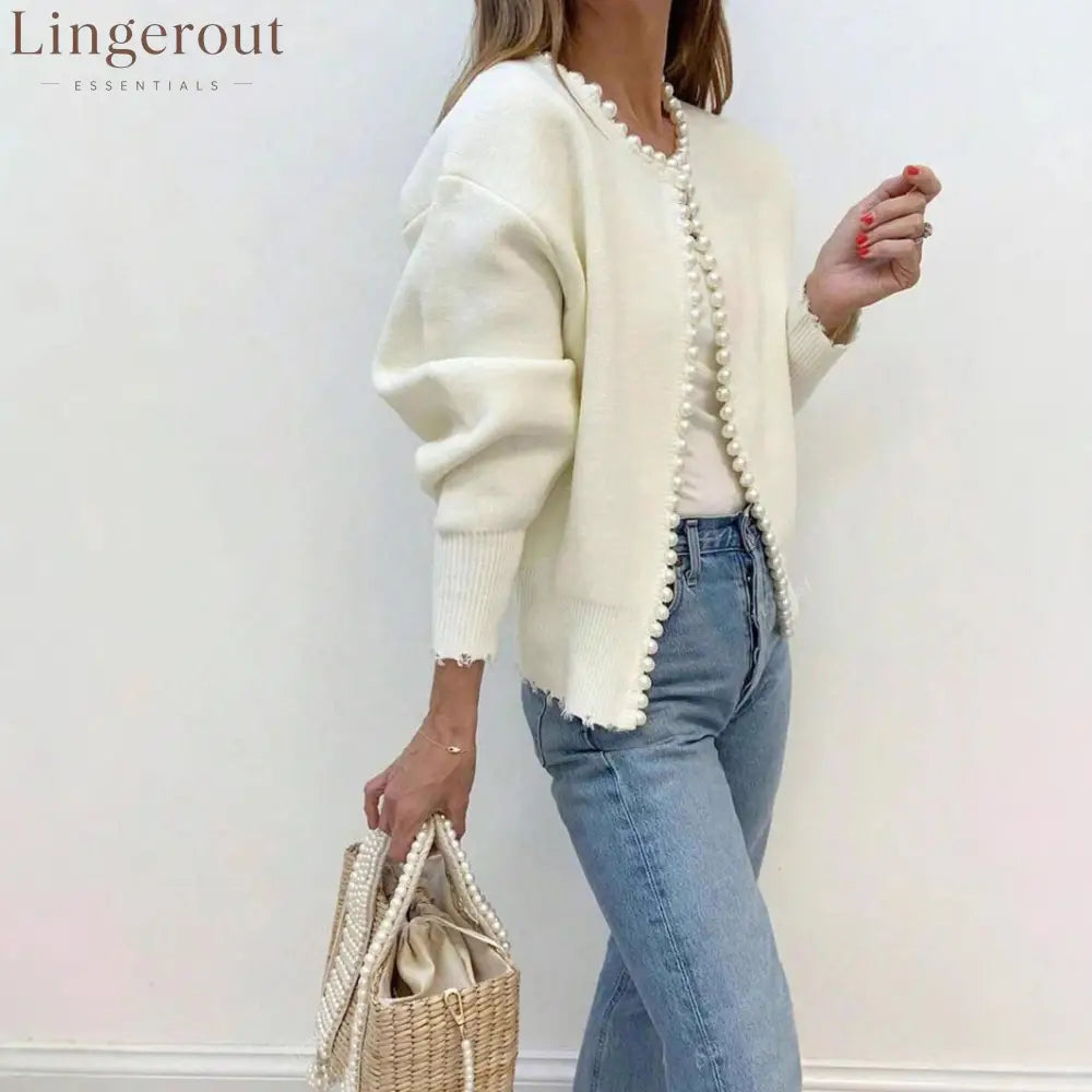 Pearl Trim Balloon Sleeve Cardigan