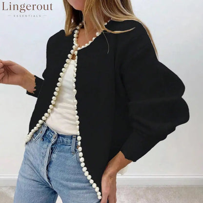 Pearl Trim Balloon Sleeve Cardigan