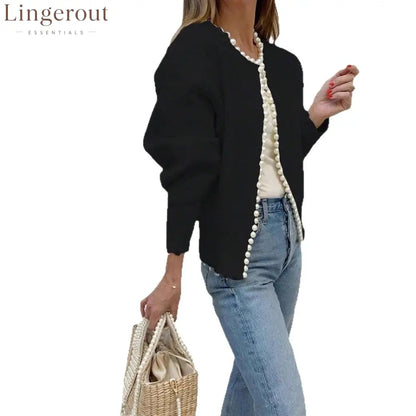 Pearl Trim Balloon Sleeve Cardigan