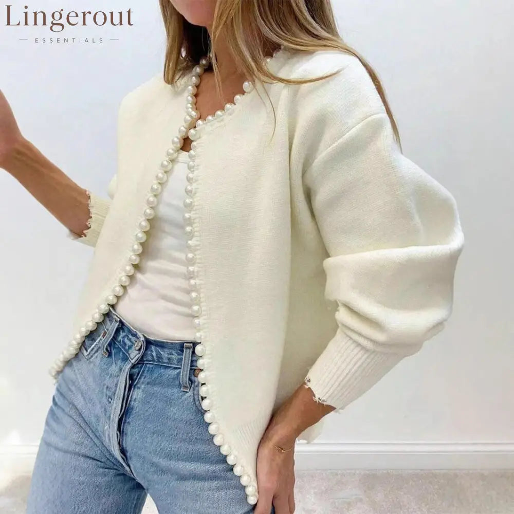 Pearl Trim Balloon Sleeve Cardigan