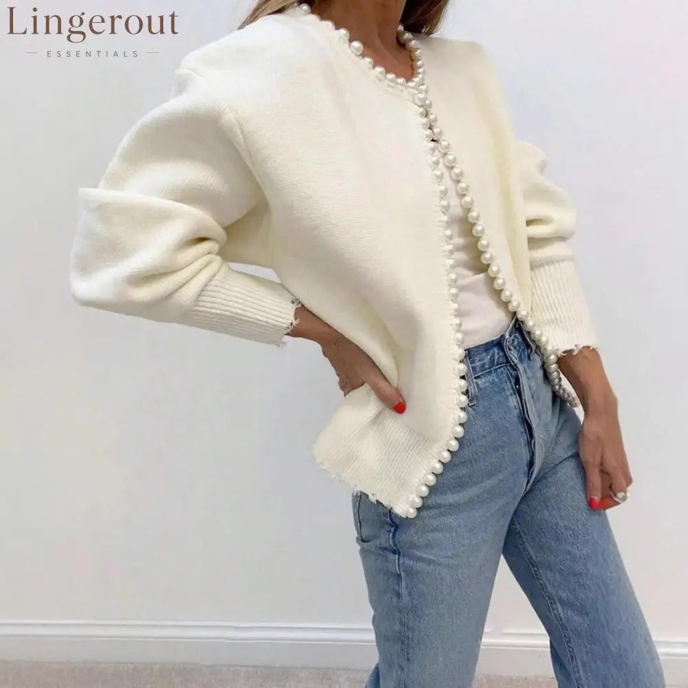 Pearl Trim Balloon Sleeve Cardigan