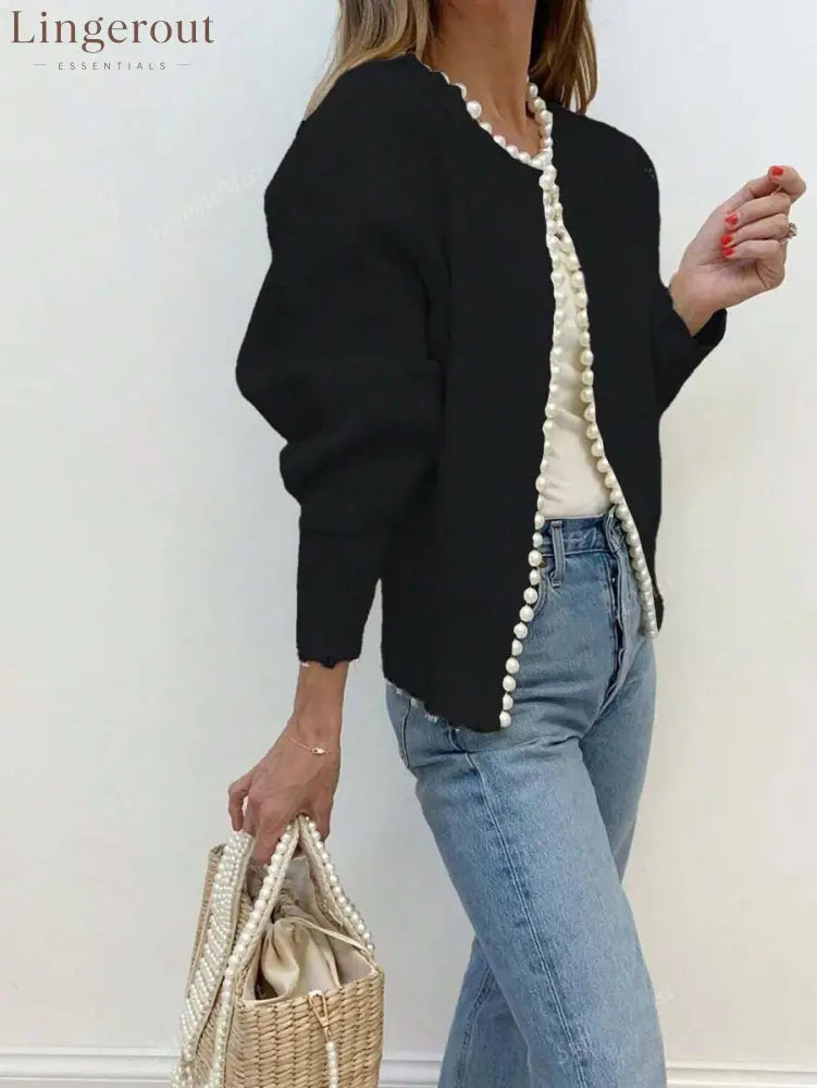 Pearl Trim Balloon Sleeve Cardigan - Black / XS
