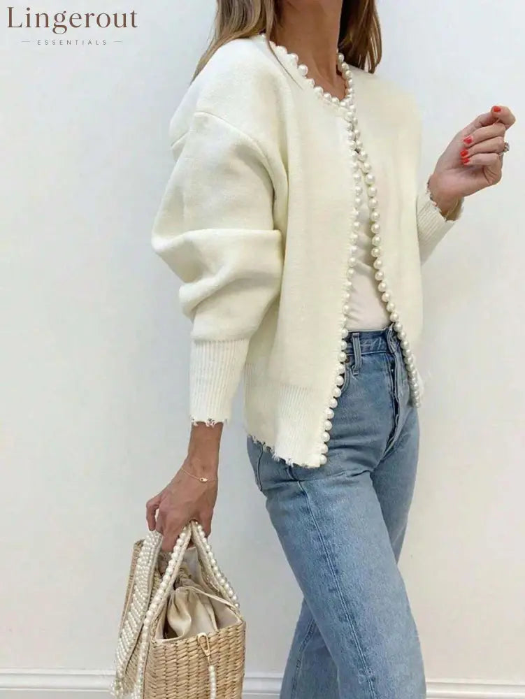 Pearl Trim Balloon Sleeve Cardigan - White / XS