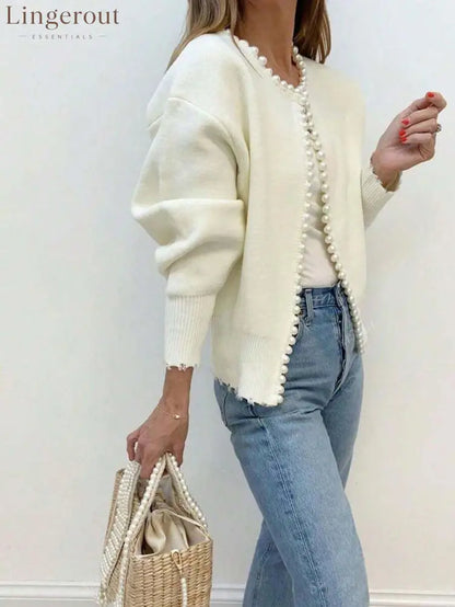 Pearl Trim Balloon Sleeve Cardigan - White / XS