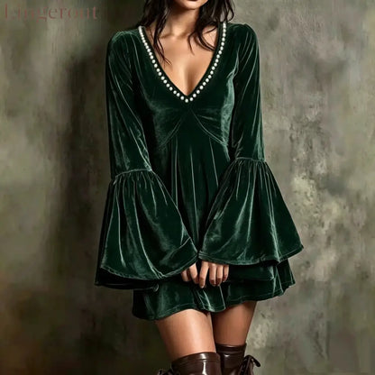 Pearl-Trim Velvet Mini Dress with Bell Sleeves