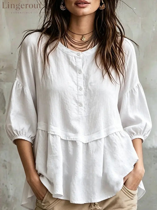 Peplum Balloon Sleeve Blouse – Soft Linen-Blend Casual Top - White / S