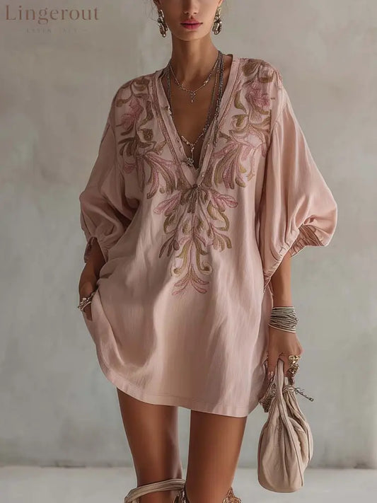 Pink Cotton Linen Mini Dress With Vintage Floral Embroidery - Pink / XS