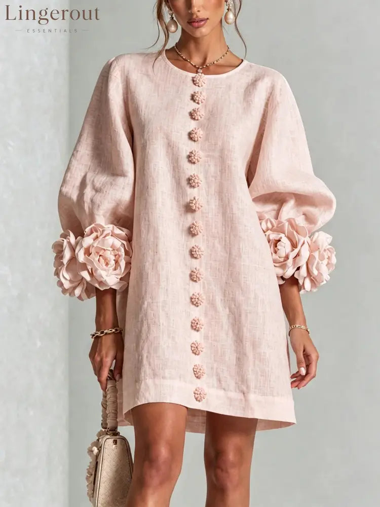 3D Floral Cuff Linen Mini Dress - Pink / S