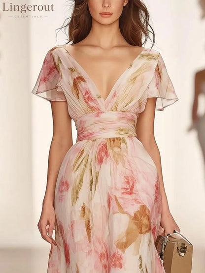 Pink Short Sleeve V-Neck Maxi Dress