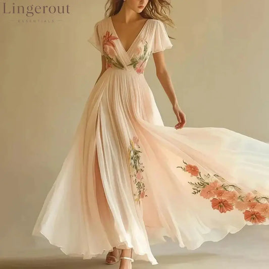 Pink Short Sleeve V-Neck Maxi Dress