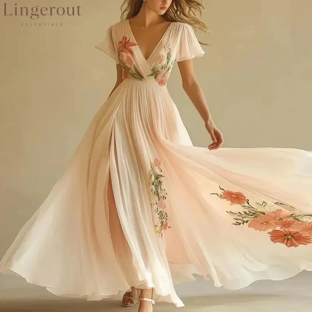 Pink Short Sleeve V-Neck Maxi Dress - Pink / S