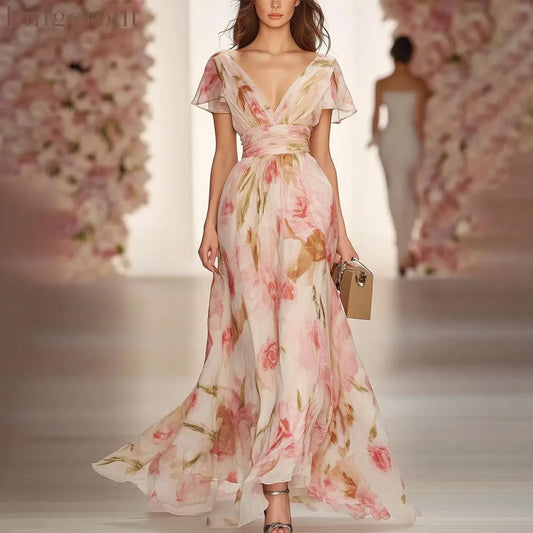 Pink Short Sleeve V-Neck Maxi Dress - Pink / S