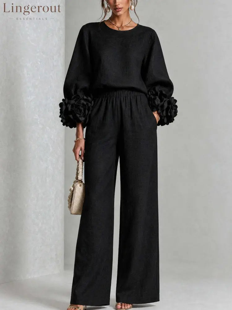 Pink Top Featuring Striking Floral Cuffs Paired With Wide-leg Pants Suit - Black / XS(2) - Matching Sets