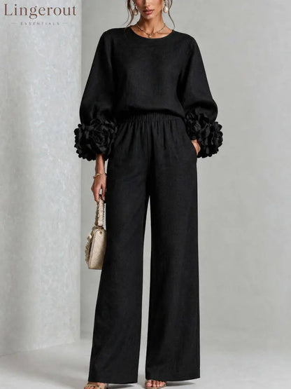 Pink Top Featuring Striking Floral Cuffs Paired With Wide-leg Pants Suit - Black / XS(2) - Matching Sets