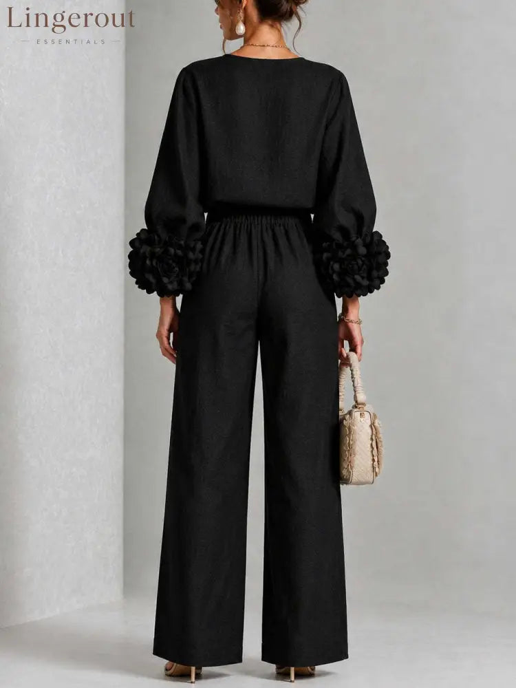 Pink Top Featuring Striking Floral Cuffs Paired With Wide-leg Pants Suit - Matching Sets