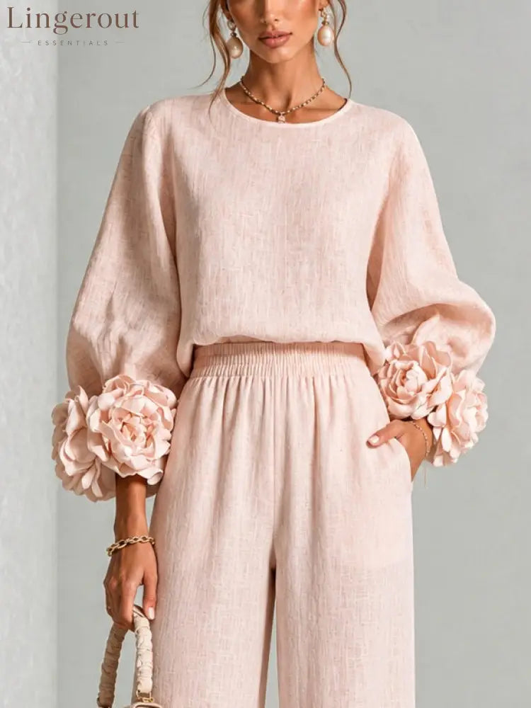 Pink Top Featuring Striking Floral Cuffs Paired With Wide-leg Pants Suit