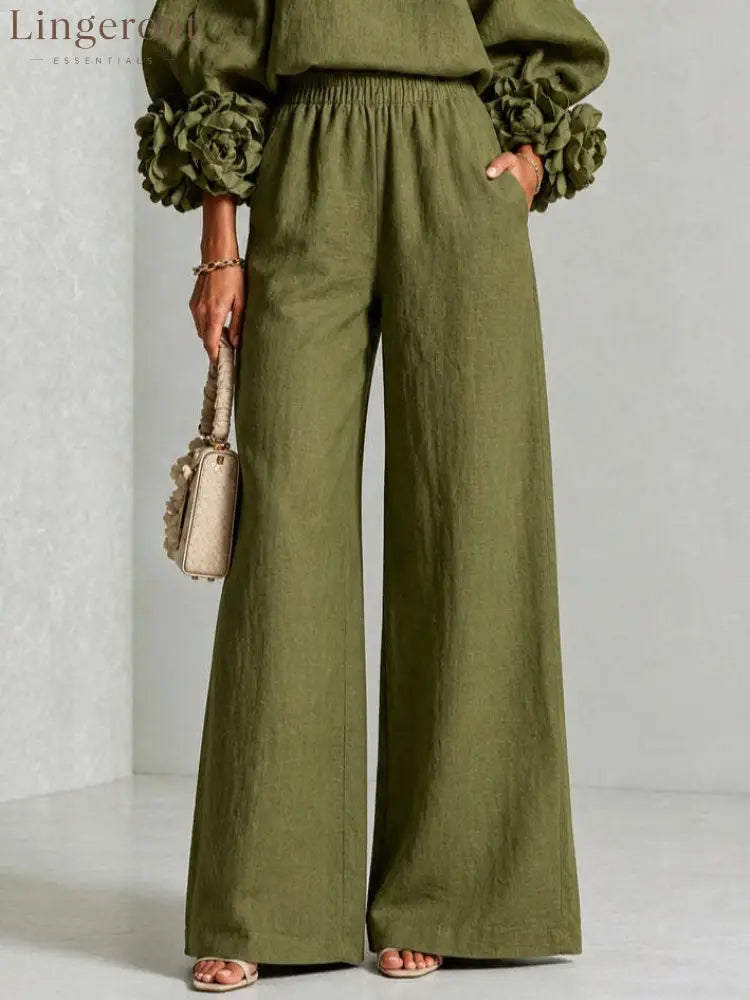 Pink Top Featuring Striking Floral Cuffs Paired With Wide-leg Pants Suit - Matching Sets