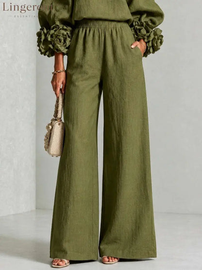 Pink Top Featuring Striking Floral Cuffs Paired With Wide-leg Pants Suit - Matching Sets