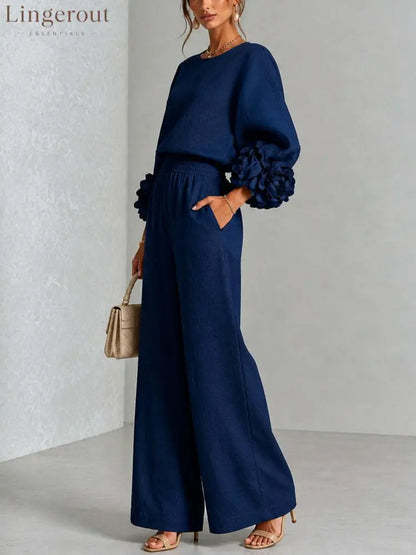 Pink Top Featuring Striking Floral Cuffs Paired With Wide-leg Pants Suit - Matching Sets