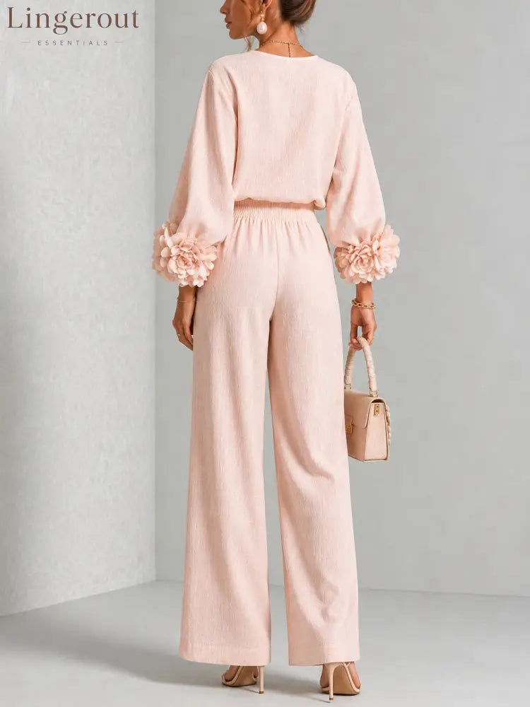 Pink Top Featuring Striking Floral Cuffs Paired With Wide-leg Pants Suit
