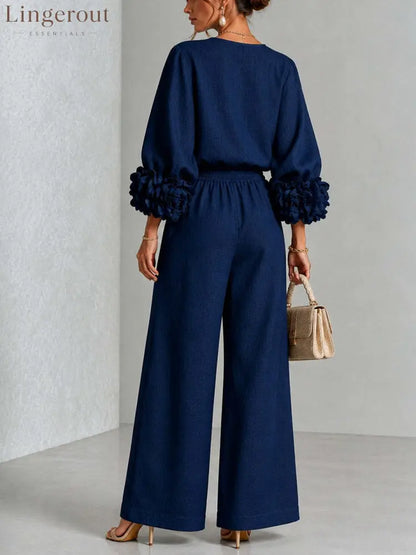 Pink Top Featuring Striking Floral Cuffs Paired With Wide-leg Pants Suit - Matching Sets