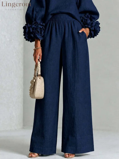 Pink Top Featuring Striking Floral Cuffs Paired With Wide-leg Pants Suit - Matching Sets