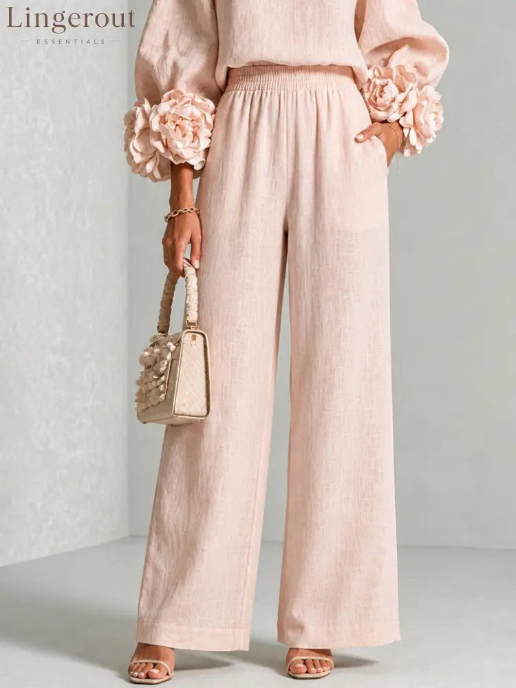 Pink Top Featuring Striking Floral Cuffs Paired With Wide-leg Pants Suit