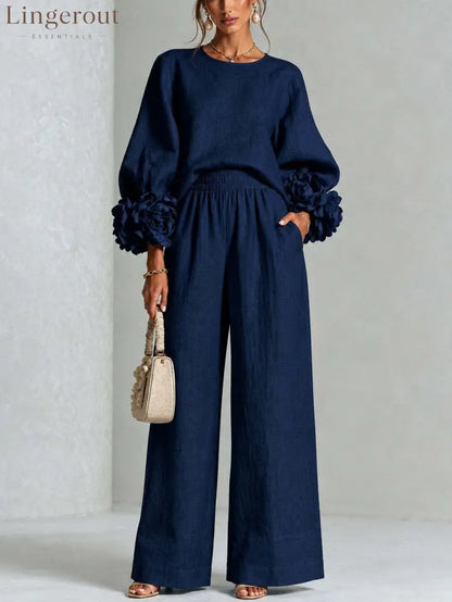 Pink Top Featuring Striking Floral Cuffs Paired With Wide-leg Pants Suit - Navy / XS(2) - Matching Sets