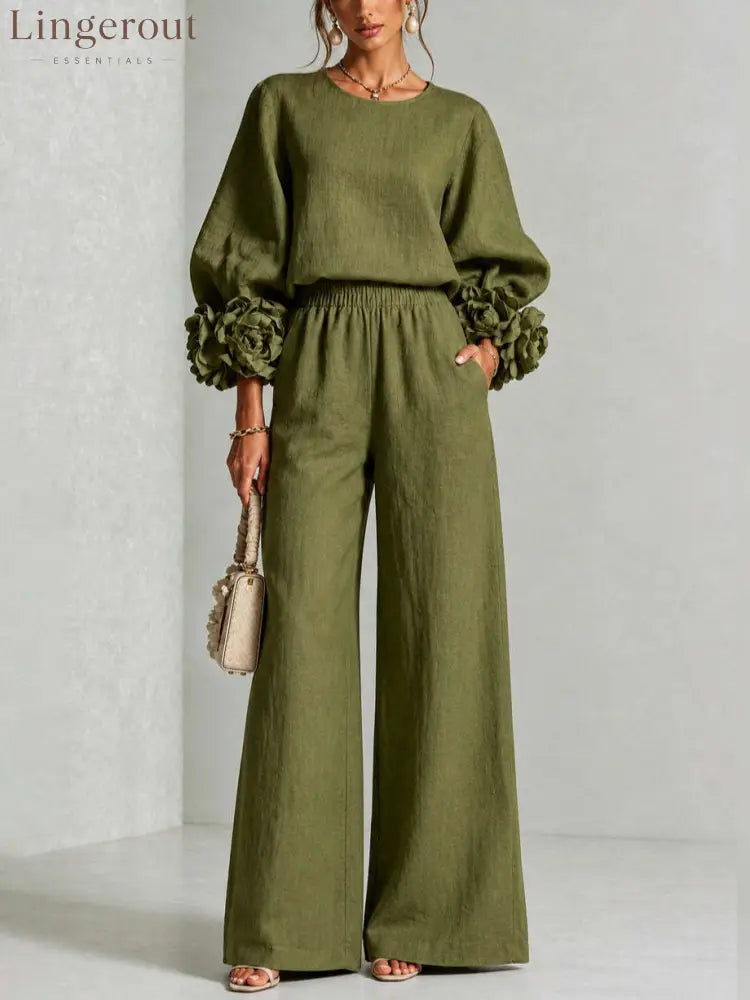Pink Top Featuring Striking Floral Cuffs Paired With Wide-leg Pants Suit - Olive / XS(2) - Matching Sets