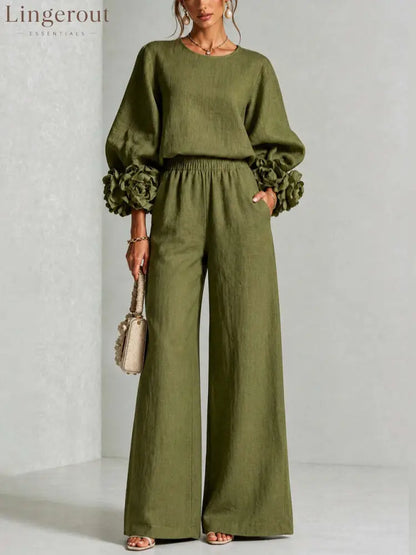 Pink Top Featuring Striking Floral Cuffs Paired With Wide-leg Pants Suit - Olive / XS(2) - Matching Sets