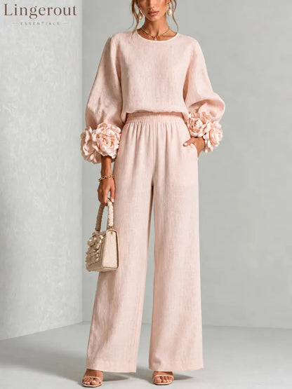 Pink Top Featuring Striking Floral Cuffs Paired With Wide-leg Pants Suit