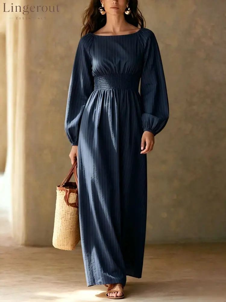 Pinstripe Smocked‑Waist Balloon Sleeve Maxi Dress