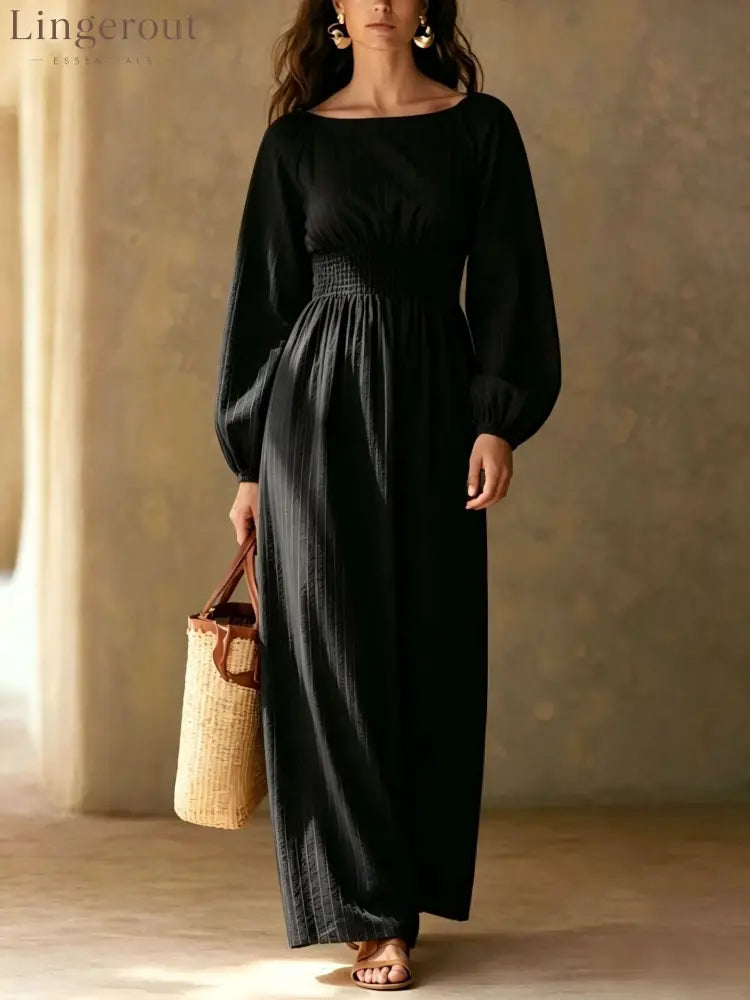 Pinstripe Smocked‑Waist Balloon Sleeve Maxi Dress - black / S