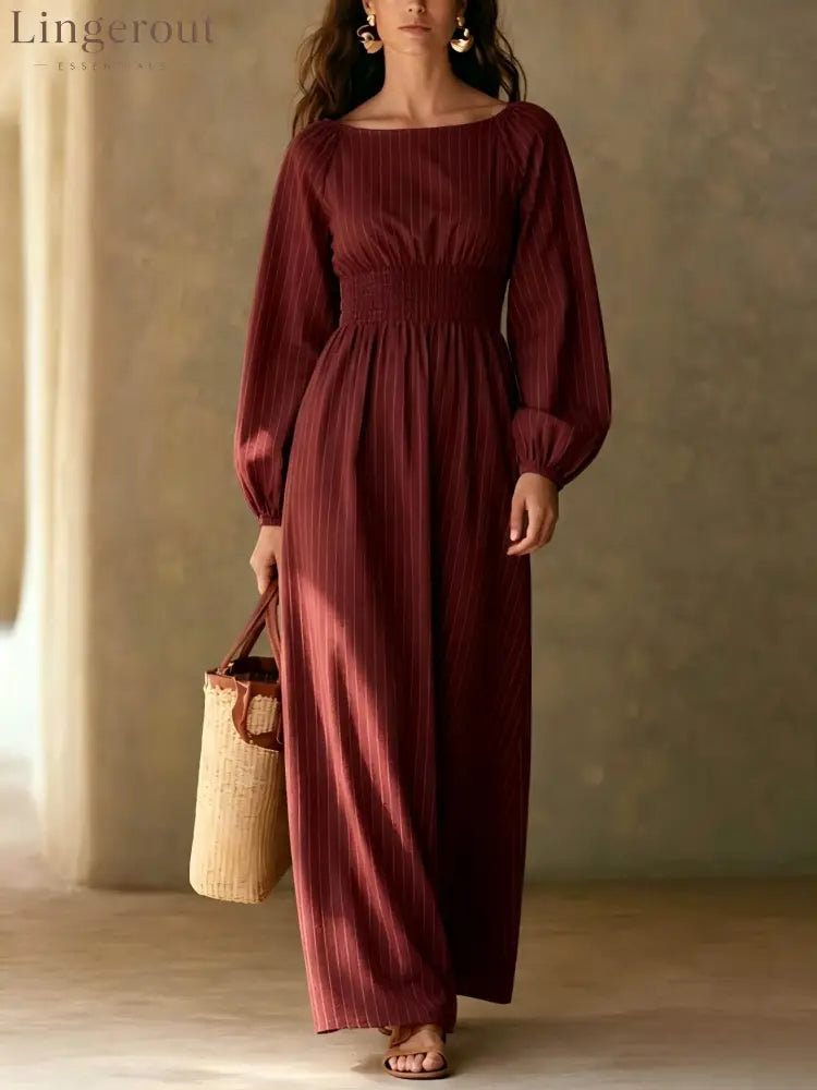 Pinstripe Smocked‑Waist Balloon Sleeve Maxi Dress - burgundy / S