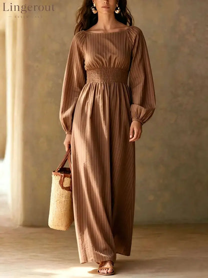 Pinstripe Smocked‑Waist Balloon Sleeve Maxi Dress - coffee / S