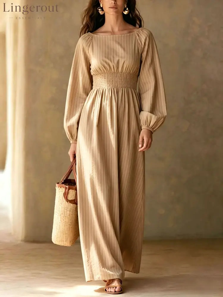Pinstripe Smocked‑Waist Balloon Sleeve Maxi Dress - khaki / S