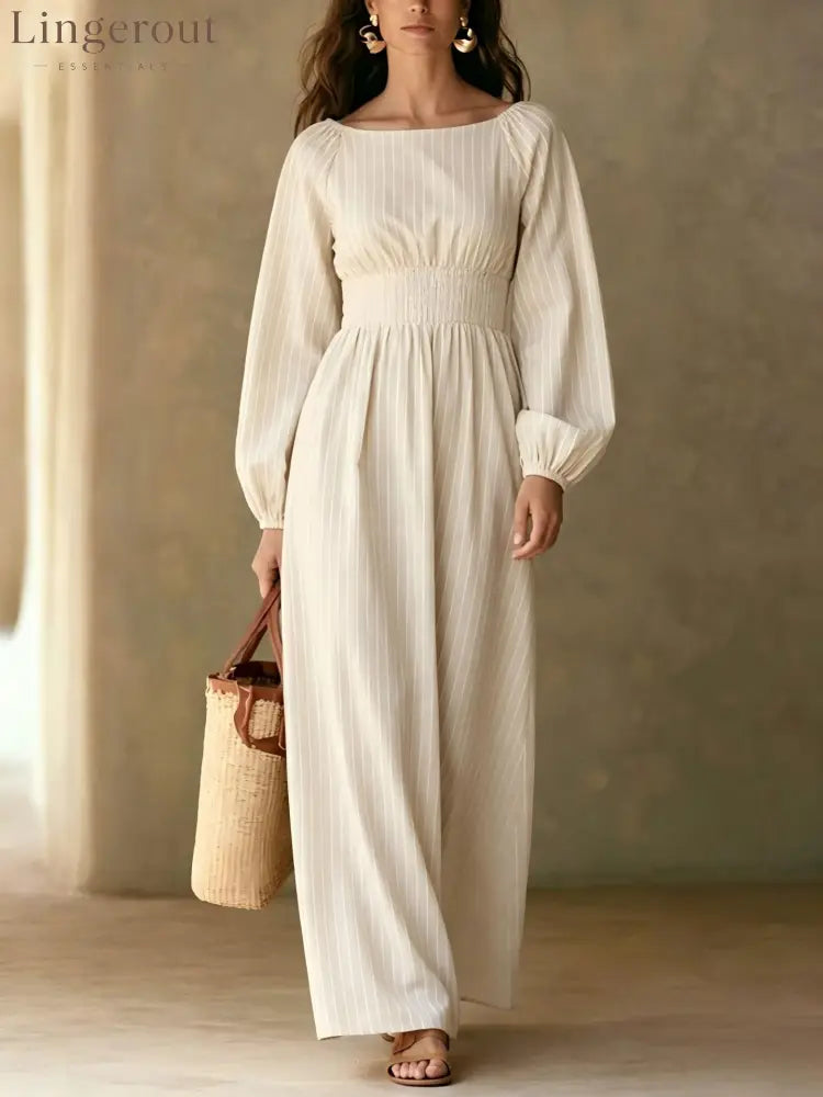 Pinstripe Smocked‑Waist Balloon Sleeve Maxi Dress - white / S