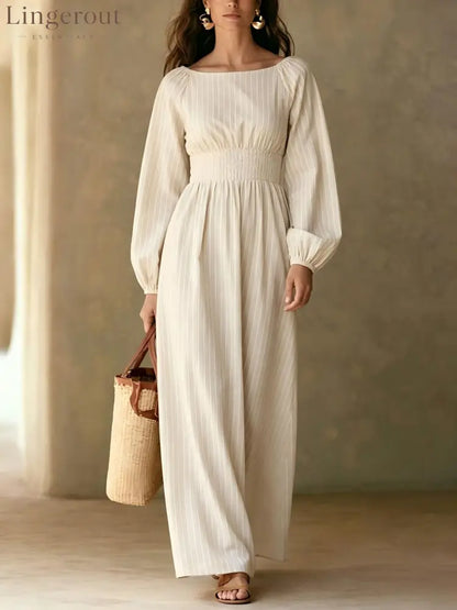 Pinstripe Smocked‑Waist Balloon Sleeve Maxi Dress - white / S