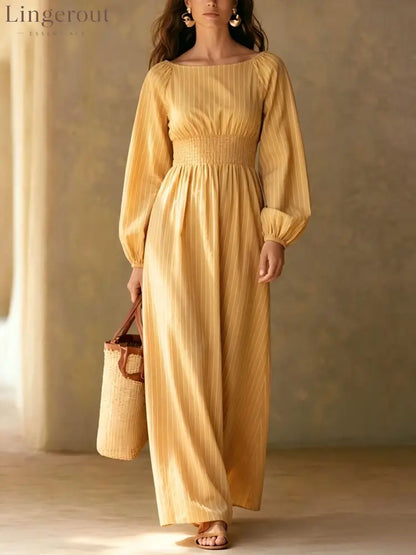 Pinstripe Smocked‑Waist Balloon Sleeve Maxi Dress - yellow / S