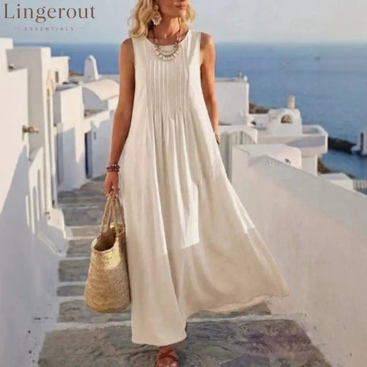 Pleated Pocket Linen Blend Vacation Maxi Dress