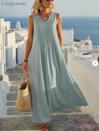 Pleated Pocket Linen Blend Vacation Maxi Dress - Light blue / S