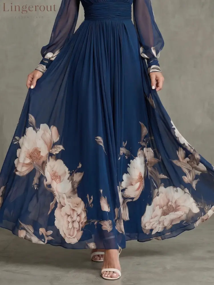 Pleated Sheer Sleeve Navy Maxi Dress - Maxi Dress