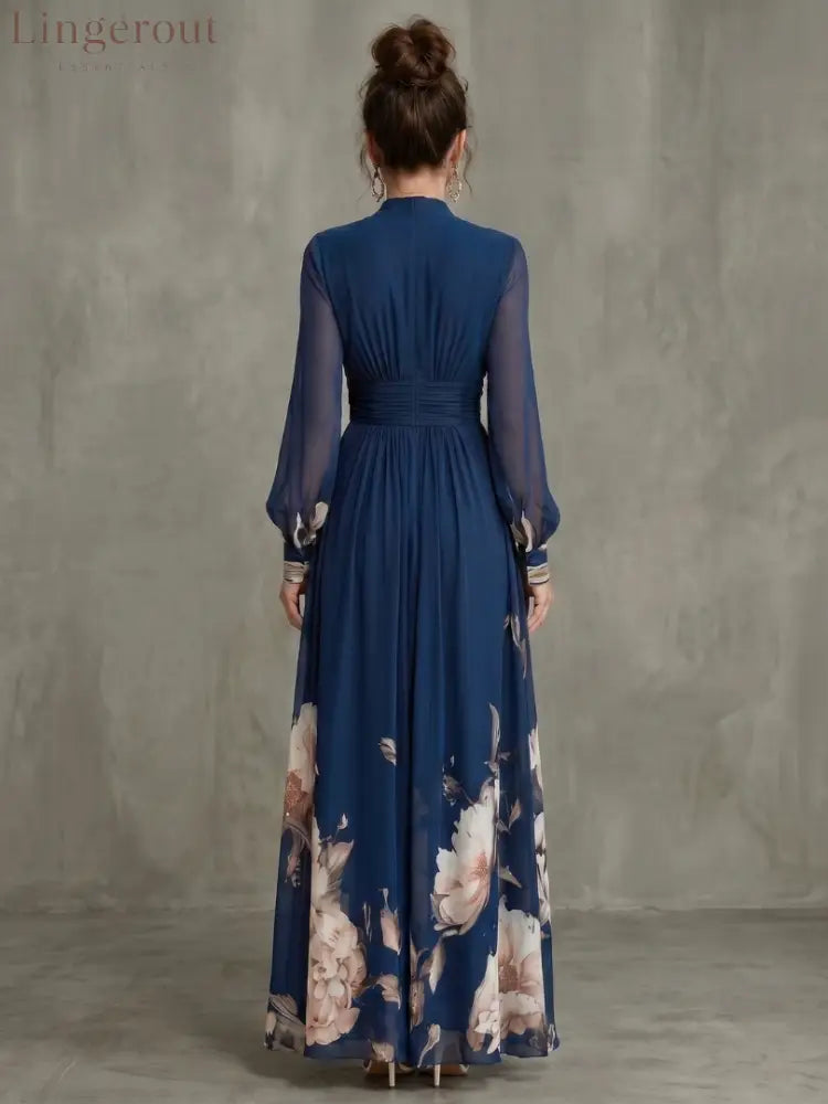 Pleated Sheer Sleeve Navy Maxi Dress - Maxi Dress
