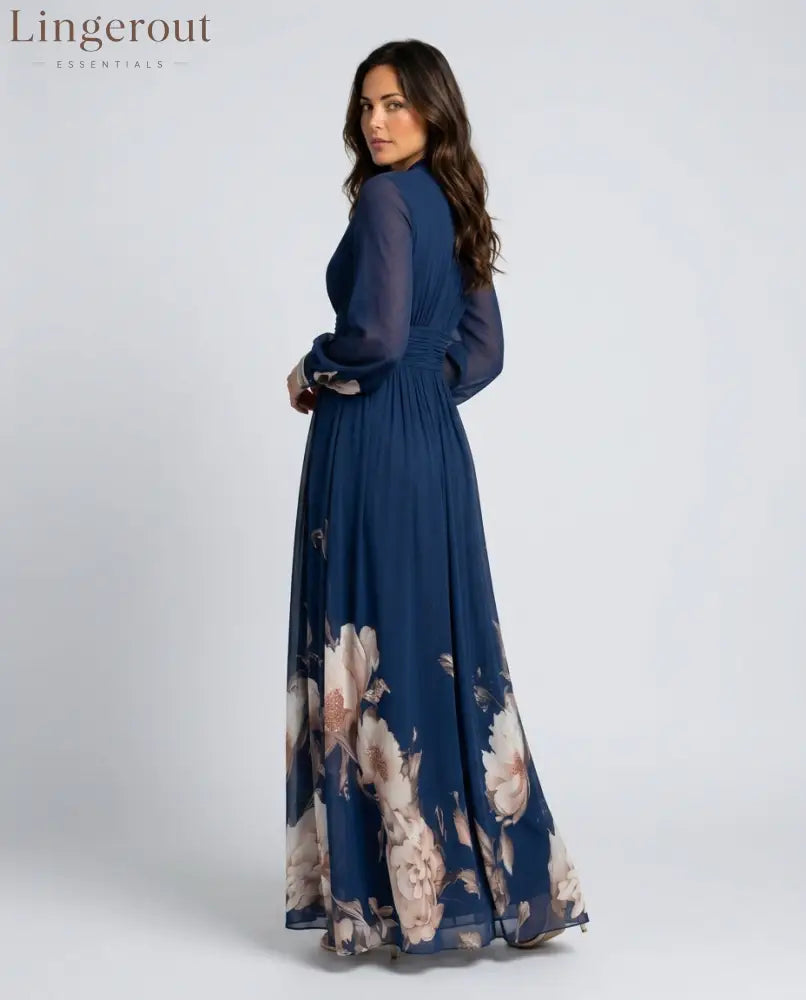 Pleated Sheer Sleeve Navy Maxi Dress - Maxi Dress