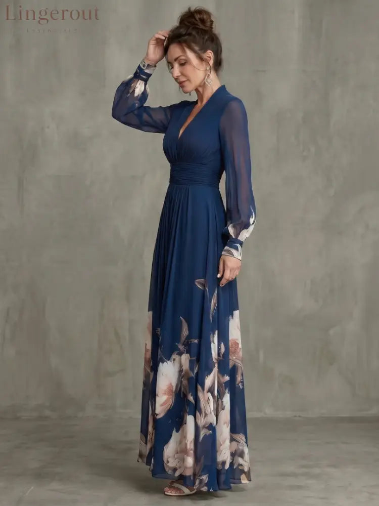 Pleated Sheer Sleeve Navy Maxi Dress - Maxi Dress