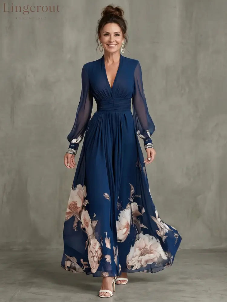 Pleated Sheer Sleeve Navy Maxi Dress - Maxi Dress