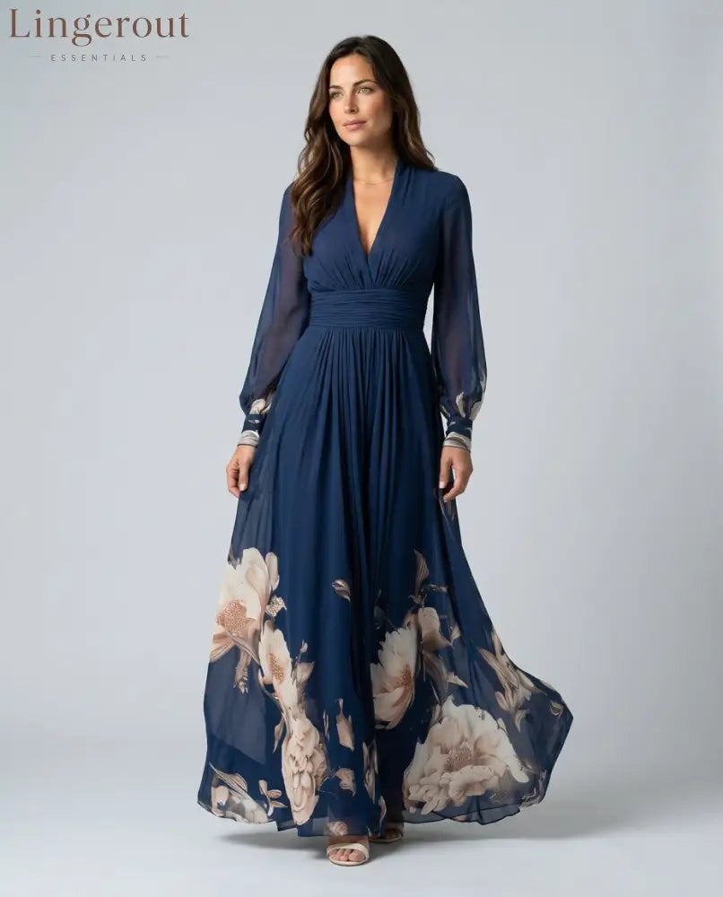 Pleated Sheer Sleeve Navy Maxi Dress - Navy / S - Maxi Dress